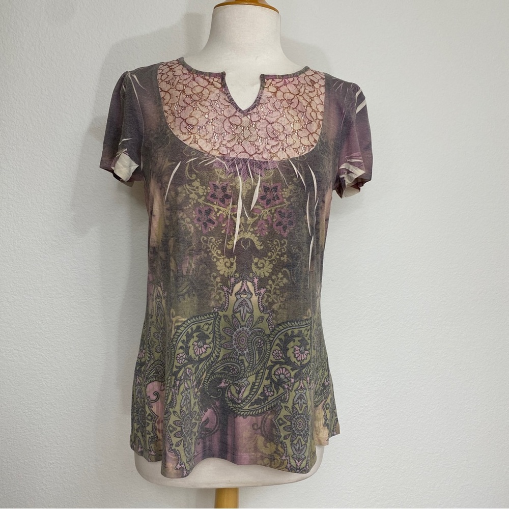 Women's Multicolor Paisley Short Sleeve Lace T-Shirt Size Small Bohemian Hippie